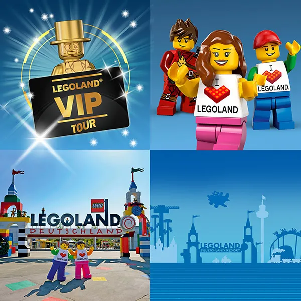 Collage of four pictures with VIP Tour logo, minifigures, LEGOLAND Girl & Boy and LEGOLAND portal