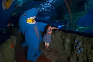 Girl in the LEGOLAND Aquarium with LEGOLAND resident Skarkboy