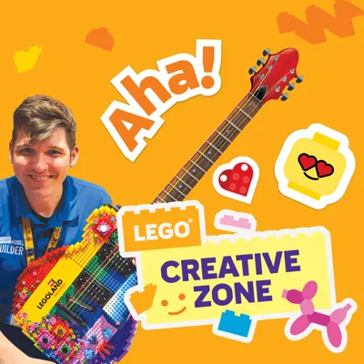 LEGO Creative Zone Logo mit Meistermodellbauer Alec, der eine Gitarre aus LEGO hält