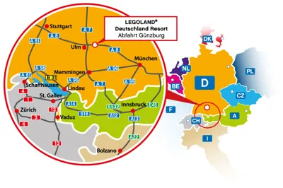 LEGOLAND Germany directions map with Germany, Switzerland and Austria