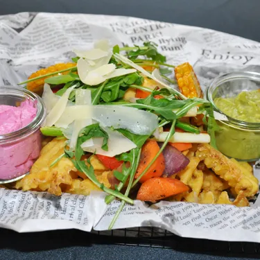 Dish with salad and chips in the LEGOLAND City Restaurant