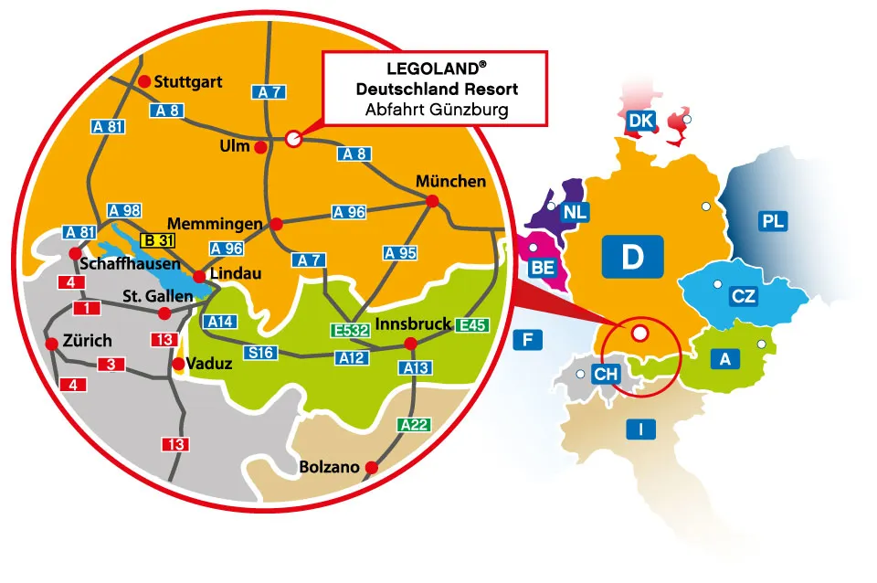 Mappa con le autostrade in Germania, Austria e Svizzera per il vostro viaggio a LEGOLAND Deutschland