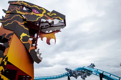 Lavaland playground in front of Maximus rollercoaster at LEGOLAND Deutschland