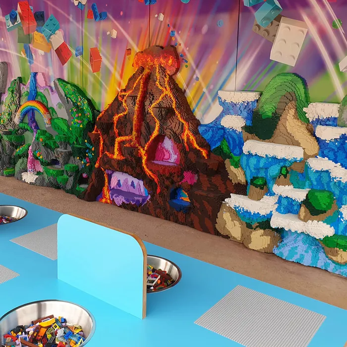 Volcano made of LEGO bricks in the MYTHICA CreaZone at LEGOLAND