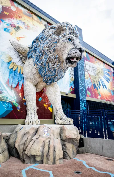 Large lion built from LEGO bricks on the Maximus rollercoaster at LEGOLAND Deutschland